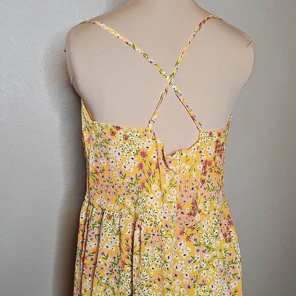 BCBG Yellow Orange Floral Milkmaid Ruched Midi Sundress Large - Picture 5 of 9